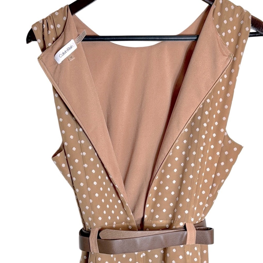Calvin Klein Tan Polka Dot Belted Handkerchief Hem Midi Sleeveless Dress Size 14 - Picture 9 of 17